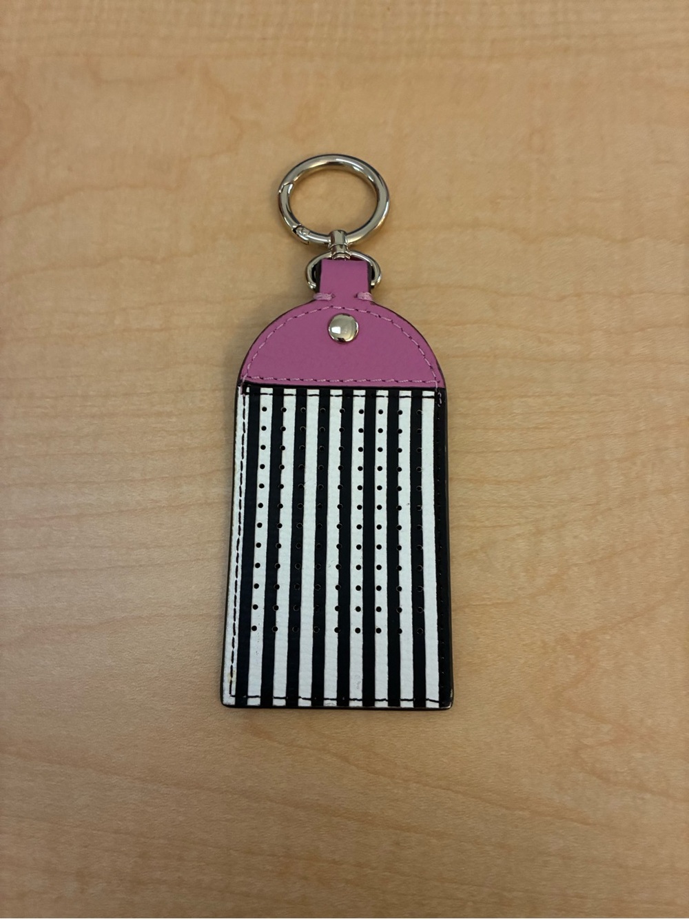 henri bendel Pink, Black & White Striped Leather Key & Card Holder
